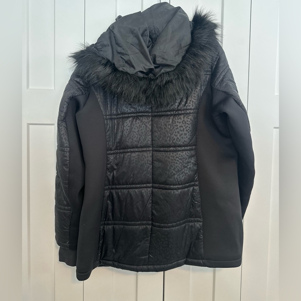 Stunning Michael Kors Black Leopard Print Puffer Jacket with‎ Removable Hood 1X - Picture 2 of 4